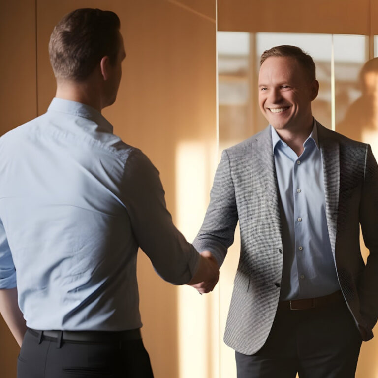 Two business professionals shaking hands in a modern office.