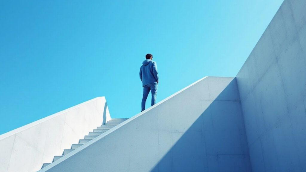 Person walking up modern concrete stairs under a clear blue sky.