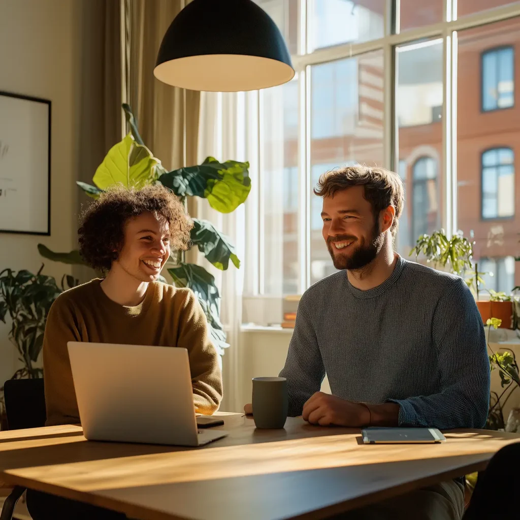 Two colleagues smiling while working together in a bright office.
