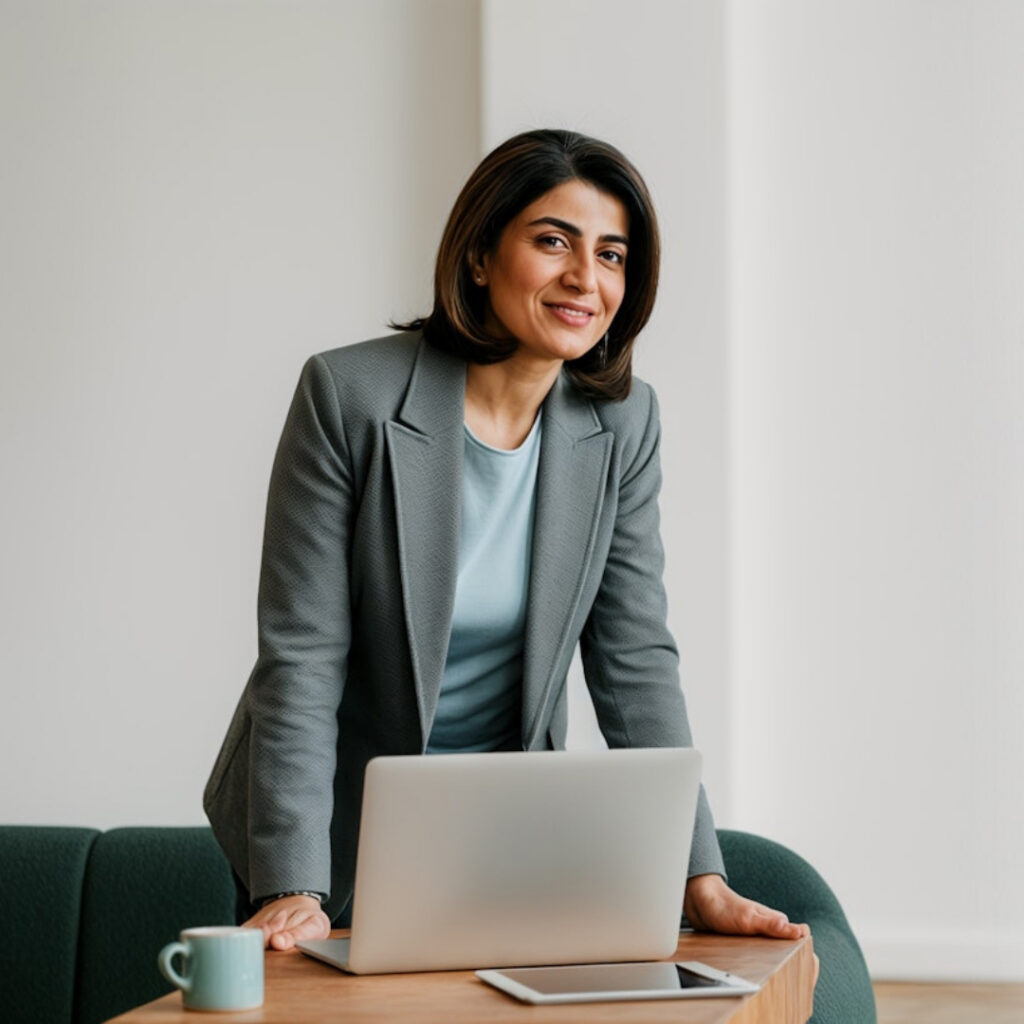 Cubic banking expert standing beside a laptop in an office.